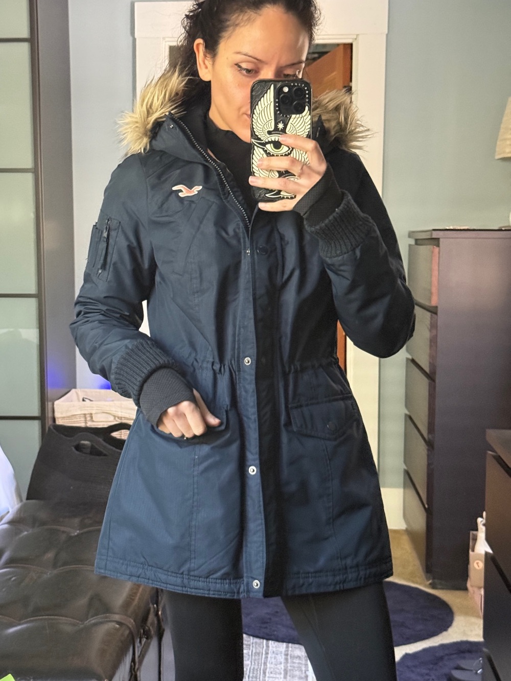 Hollister Women's Dark Navy Faux-Fur Hooded Parka